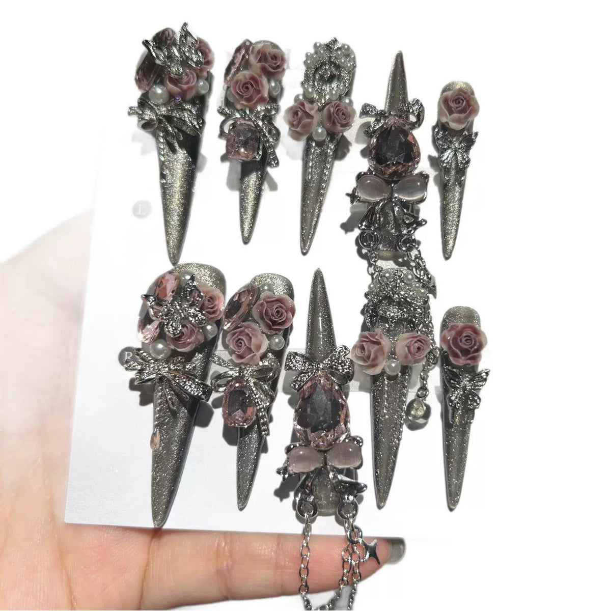 Handmade Silver Glitter Long Stiletto Press On Nails with Dusty Pink 3D Roses & Pink Teardrop Crystal Charms
