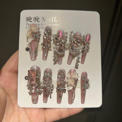 Handmade Pink Aurora Iridescent Press On Nails, Long Stiletto Fairy Princess False Nails with Large Pink Teardrop Rhinestones, 3D Silver Butterfly Charms, Cream Roses, Pearls & Silver Crystal Chains, Reusable Fake Nails for Wedding, Prom & Party