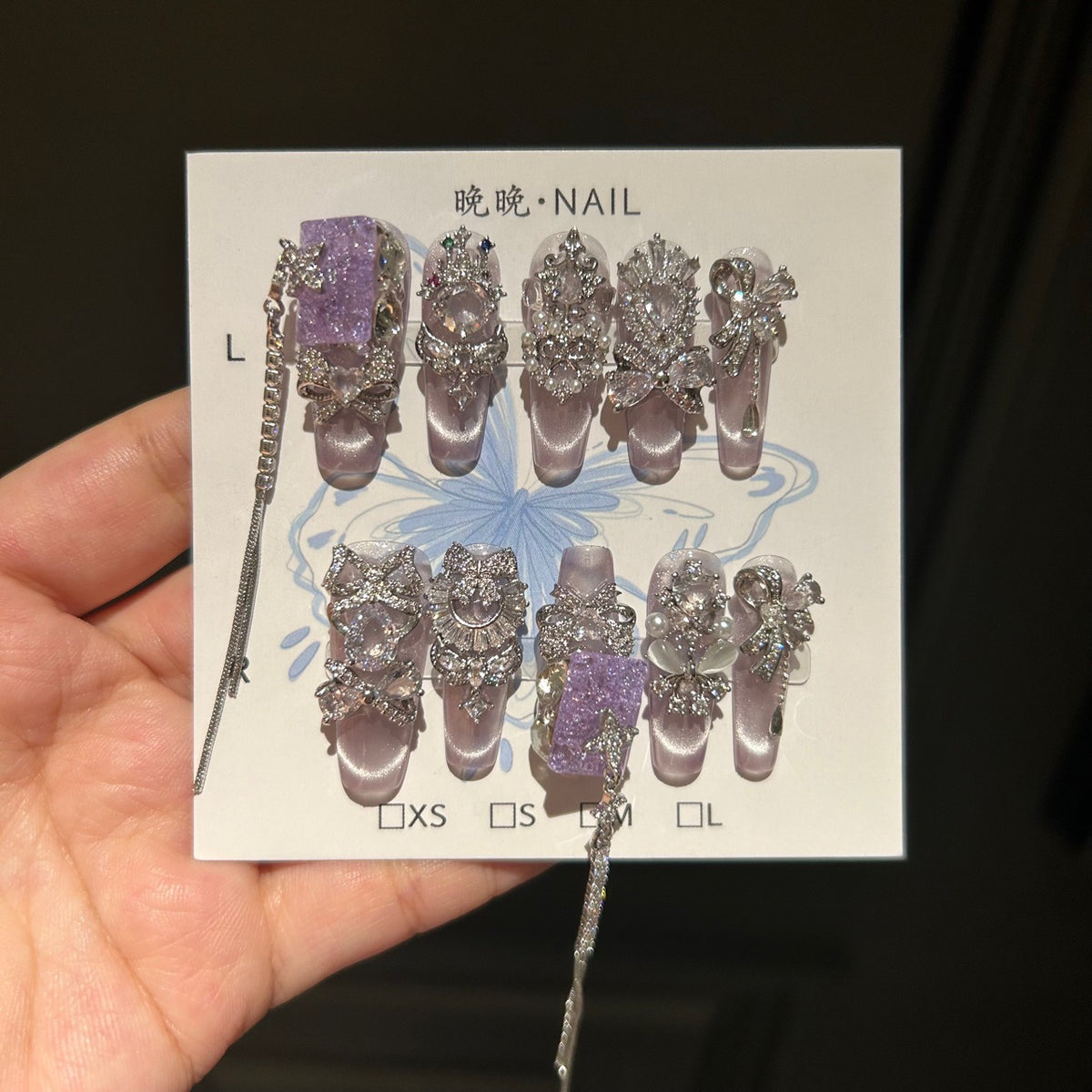 Handmade Light Lavender Metallic Long Coffin Press On Nails with Purple Crushed Stone Accents, Silver Rhinestone Moon & Bow Charms, Long Tassel Chains
