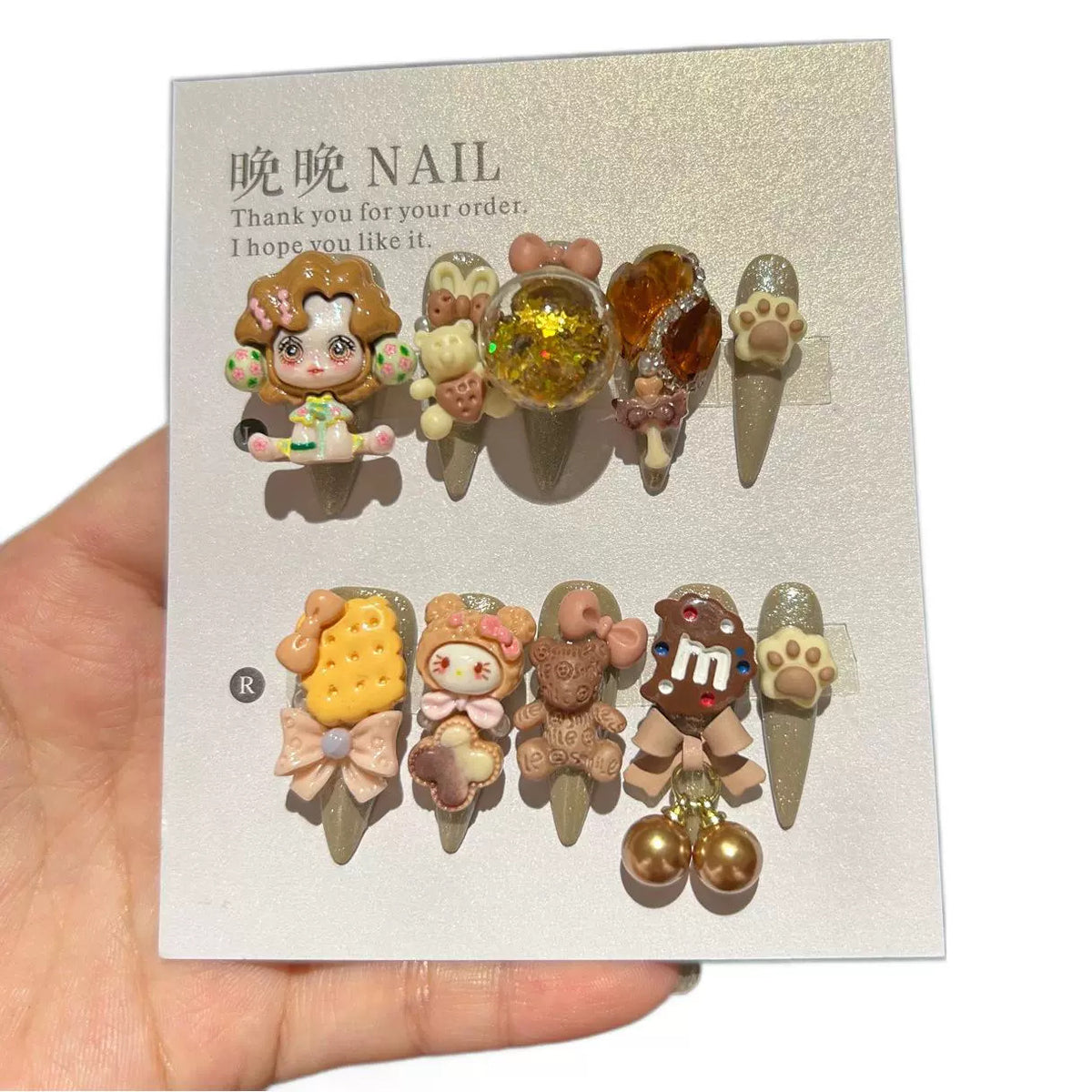 Handmade Brown Kawaii Doll Bear Cookie Long Stiletto Press On Nails with 3D Resin Charms