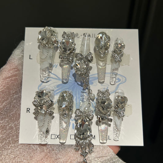 Handmade Clear Glitter Long Coffin Press On Nails with Huge Silver Crystal & Rhinestone Bow Charms