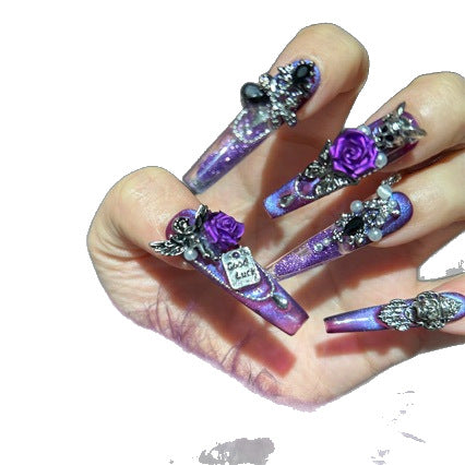 Dark Purple Cat Eye Coffin Press-on Nails with 3D Purple Rose, Angel, Skull Charms, and Good Luck Tag - Gothic Glam Fake Nail Set