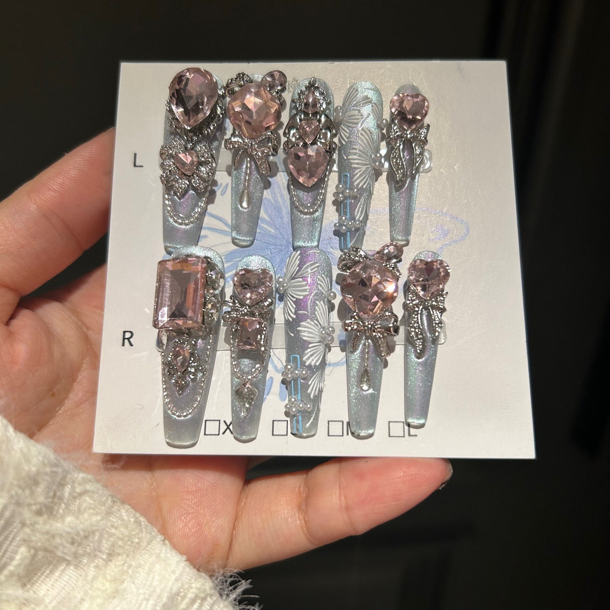 Handmade Light Blue Pink Heart Crystal Long Coffin Press On Nails with Butterfly & Pearls