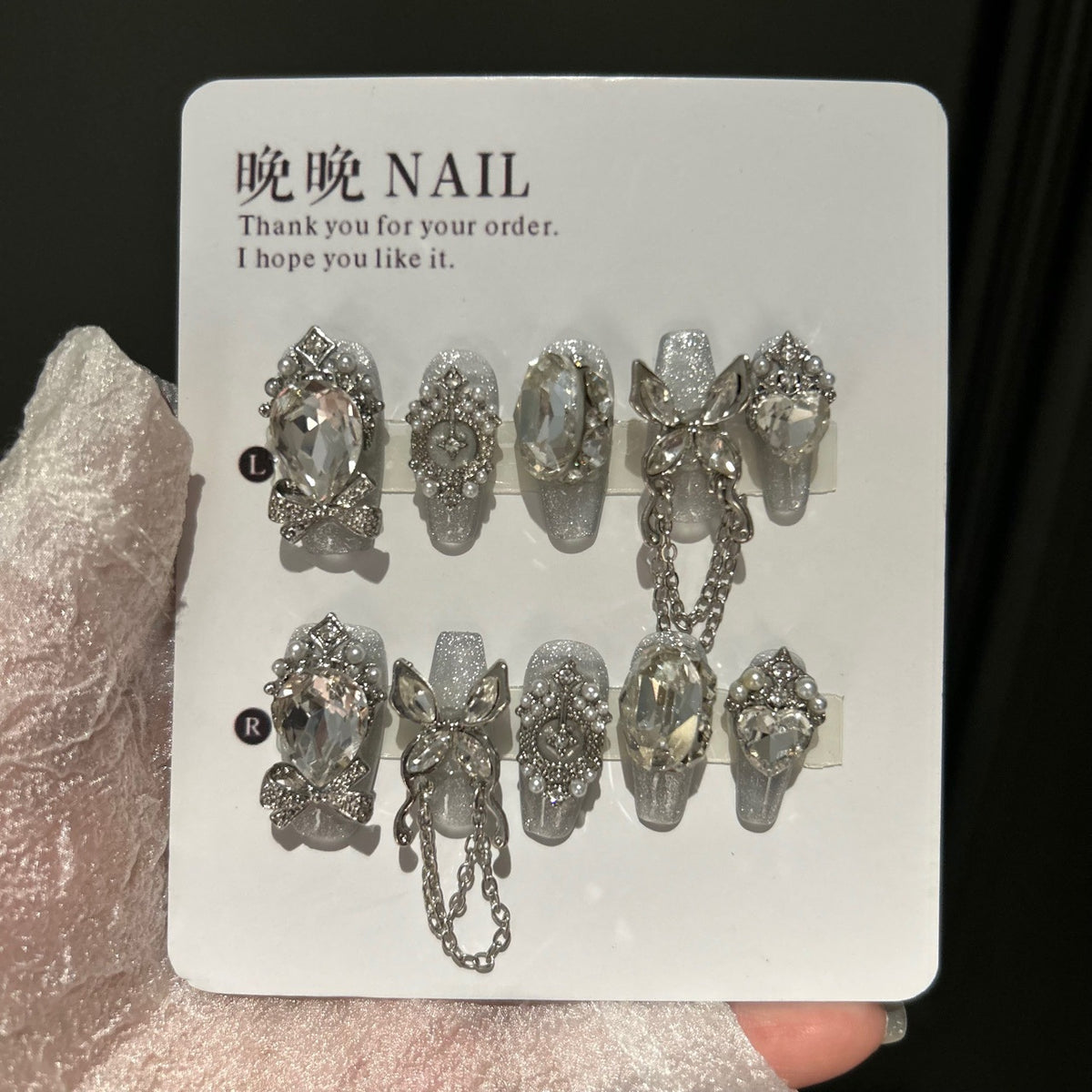 Handmade Silver Glitter Long Coffin Press On Nails with Giant Crystals, Rhinestone Bows & Dangling Chain Charms
