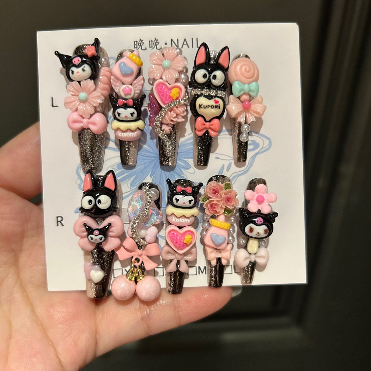 Handmade Kuromi Kawaii Long Stiletto Press On Nails with 3D Resin Charms, Pink Bows & Flowers