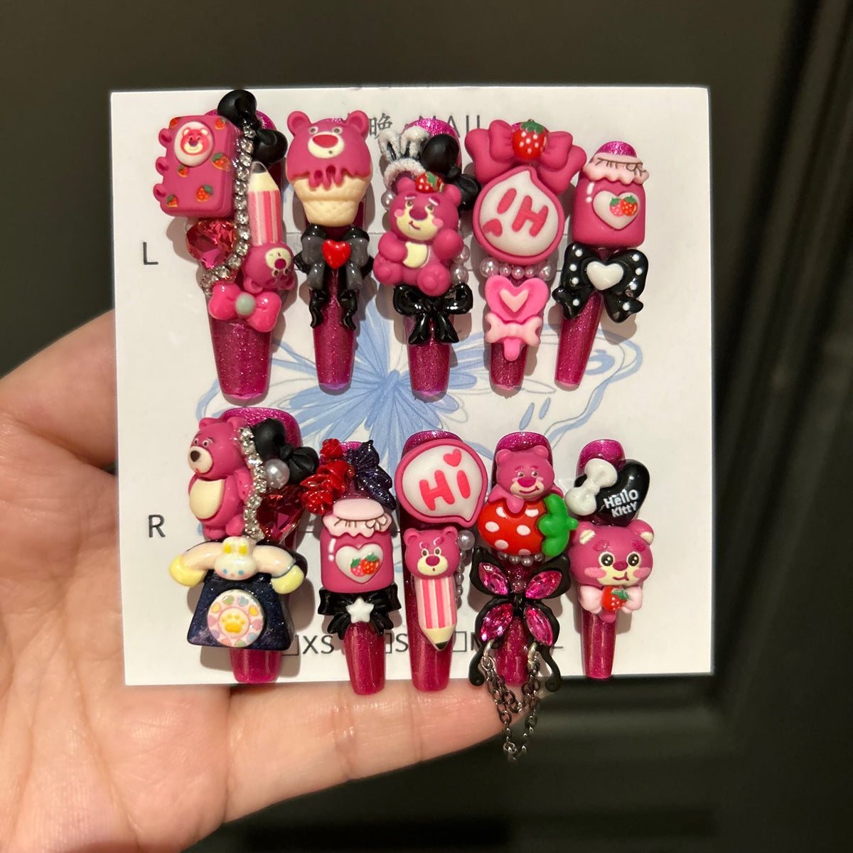 Hot Pink Glitter Coffin Press-on Nails with 3D Lotso Bear, Retro Telephone, Strawberry Ice Cream, Speech Bubble, and Interlinked Chain - Y2K Kawaii Fake Nail Set