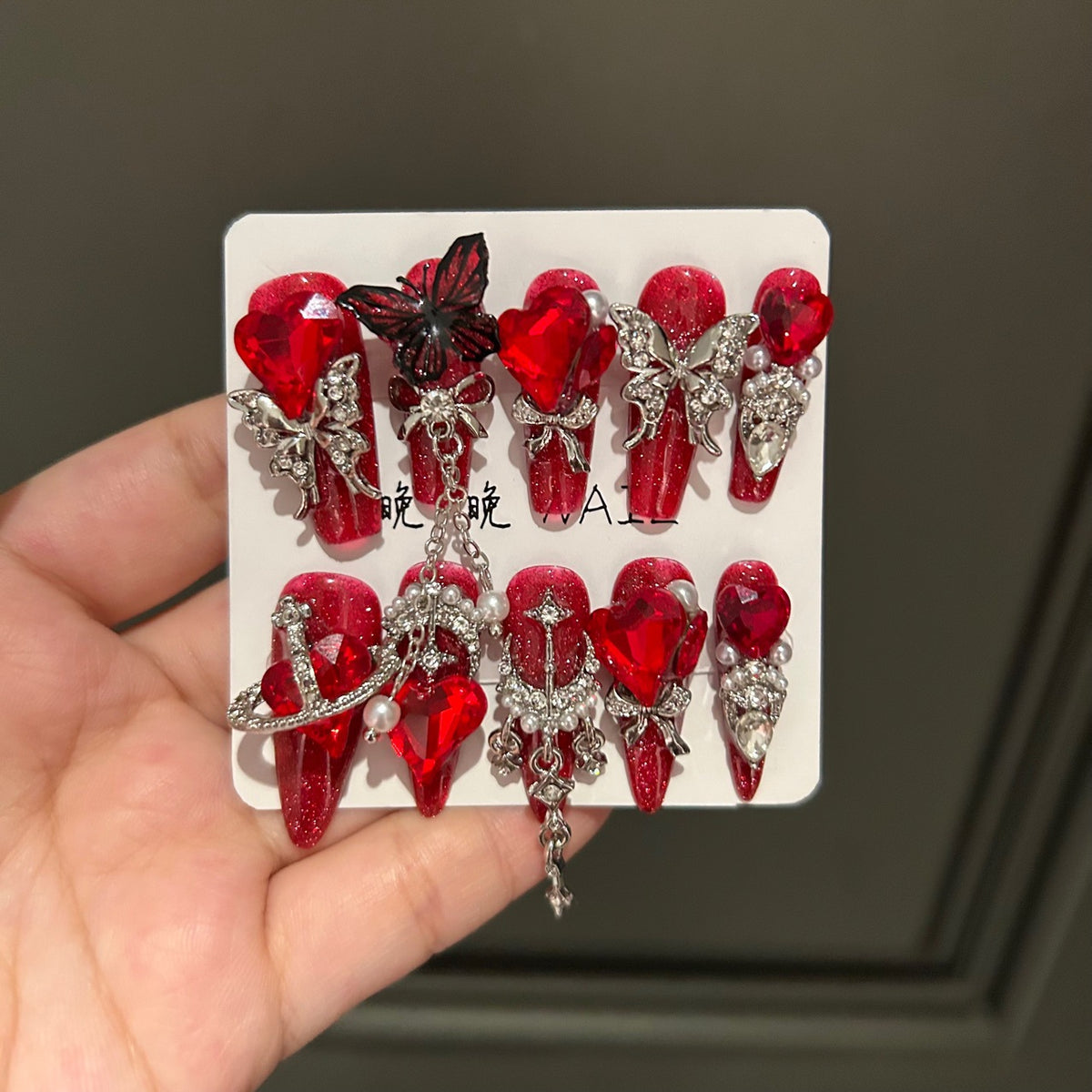 Handmade Red Glitter Long Coffin Press On Nails with Giant Red Heart Crystals, Butterfly Charms & Silver Dangling Chains