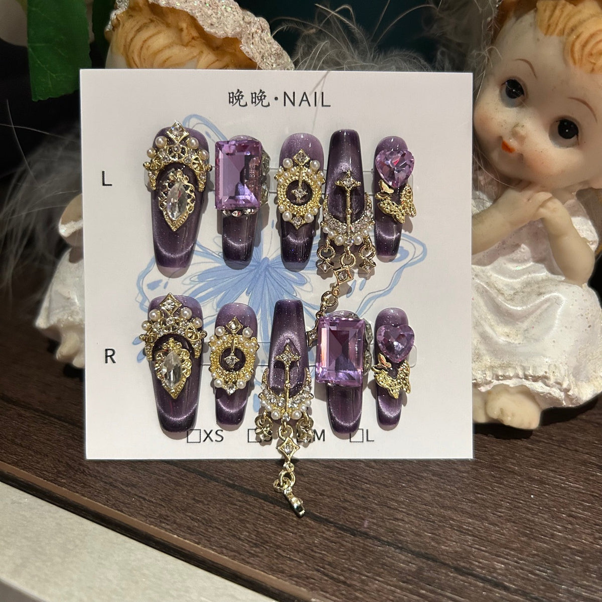 Handmade Purple Cat Eye Long Coffin Press On Nails with Amethyst Purple Crystals, Gold Moon Star Charms & Pearl Clusters