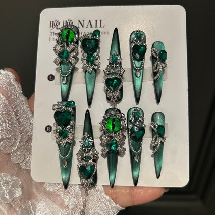 Handmade Emerald Green Cat Eye Long Stiletto Press On Nails with Evil Eye & Large Green Heart Crystal Charms