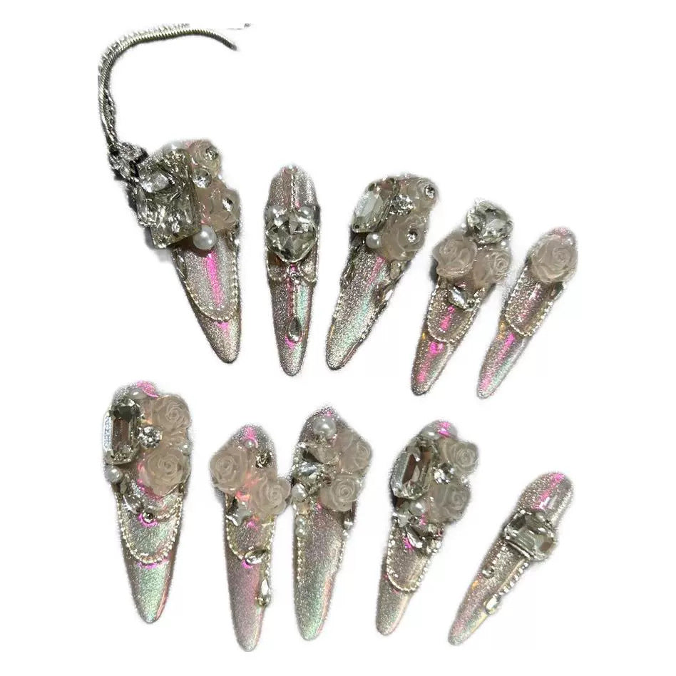 Handcrafted Designer Nude Pink Press-on Nails - Shimmering Cat Eye Base with Heavy 3D Rose Flowers, Crystals and Pearl Drops