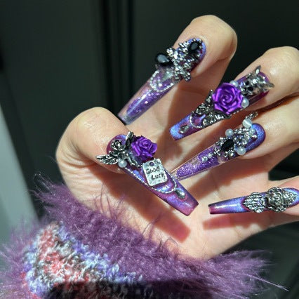 Dark Purple Cat Eye Coffin Press-on Nails with 3D Purple Rose, Angel, Skull Charms, and Good Luck Tag - Gothic Glam Fake Nail Set