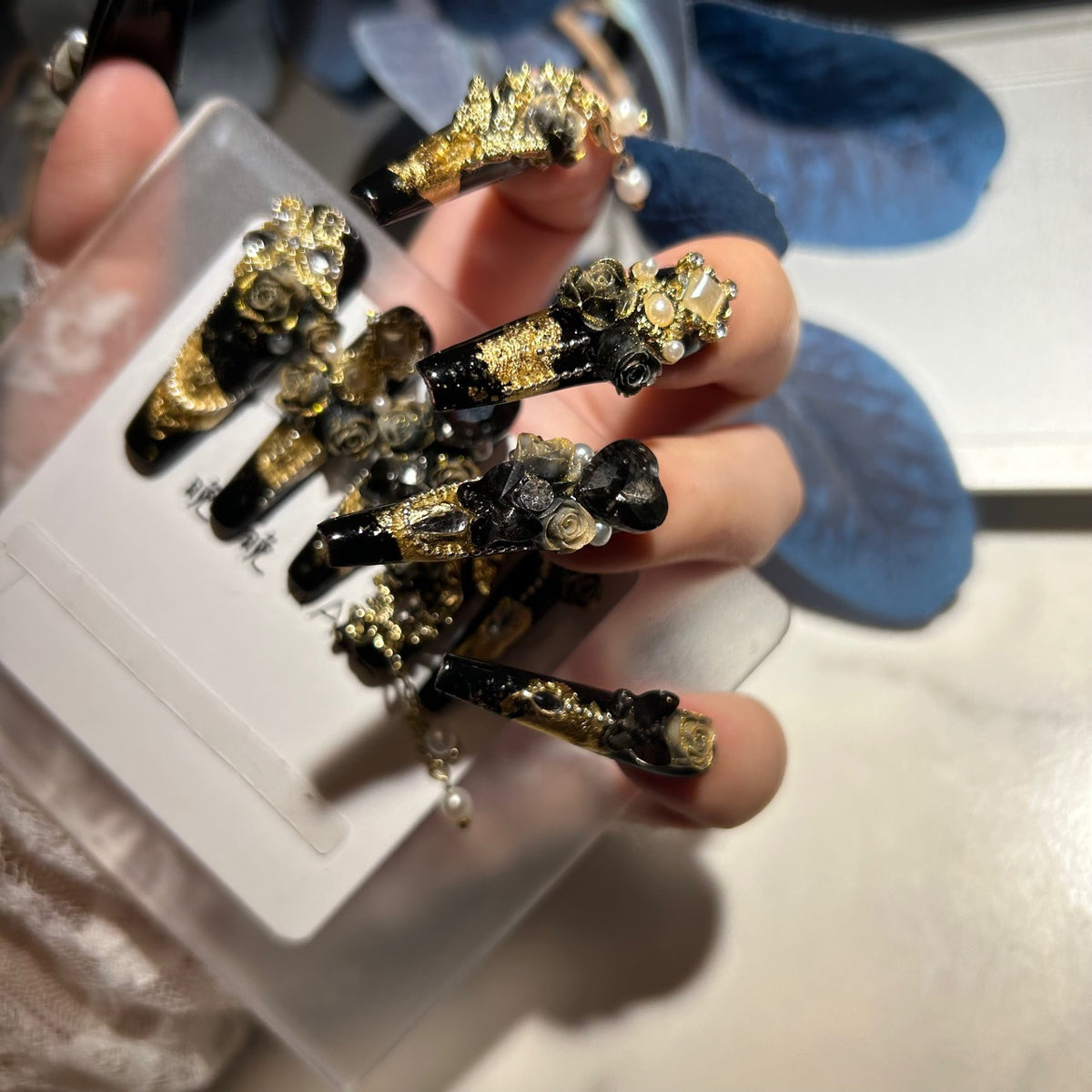 Handmade Black Gold Gothic Rose Long Coffin Press On Nails with Heart Gems & Chains