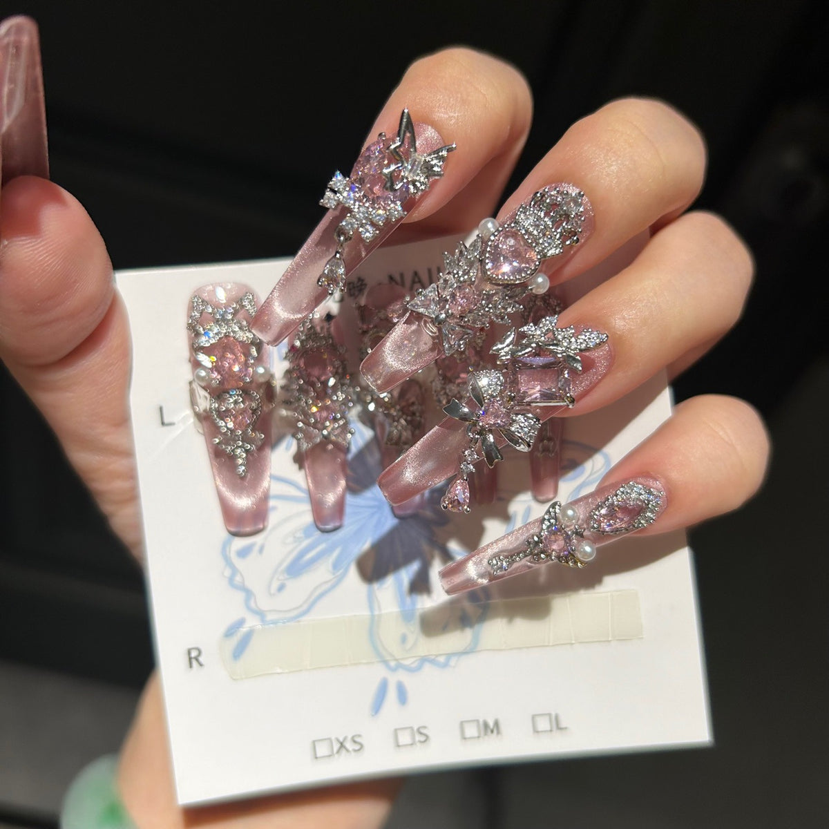 Handmade Pink Cat Eye Long Coffin Press On Nails with Large Pink Heart Crystals, Silver Rhinestone Crown & Butterfly Charms, Pearl Accents