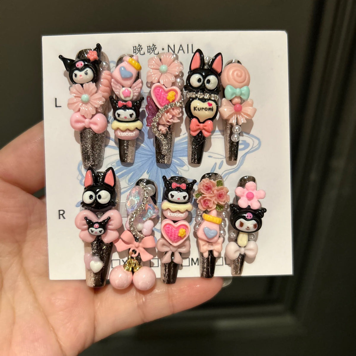 Handmade Kuromi Kawaii Long Stiletto Press On Nails with 3D Resin Charms, Pink Bows & Flowers