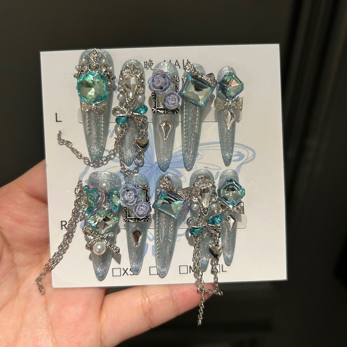 Handmade Light Blue Glitter Purple Rose Long Stiletto Press On Nails with Teal Crystals & Dangling Chains