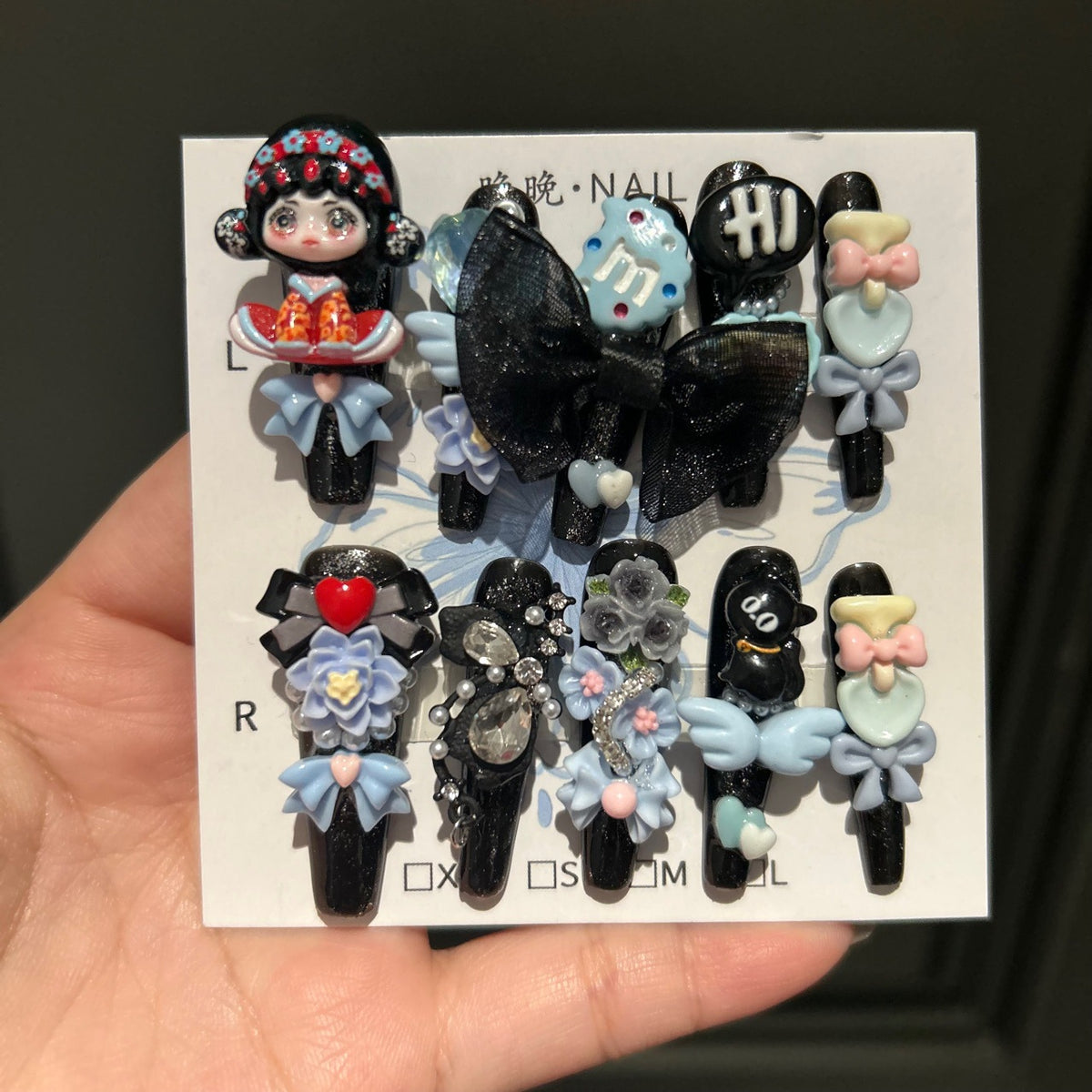 Handmade Black Glitter Long Stiletto Press On Nails with 3D Chinese Style Doll, Big Black Bow, Flower & Cute Cartoon Charms