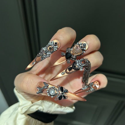 Handmade Bronze Metallic Butterfly Long Stiletto Press On Nails with Peach Heart Crystals & Tassel Chains