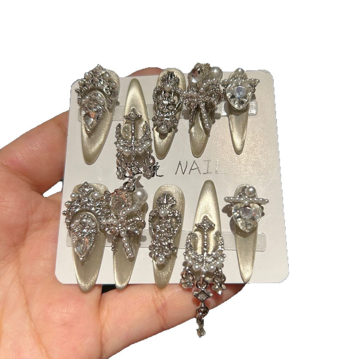 Handmade Champagne Gold Crown Long Stiletto Press On Nails with Pearls, Heart Crystals & Dangling Charms