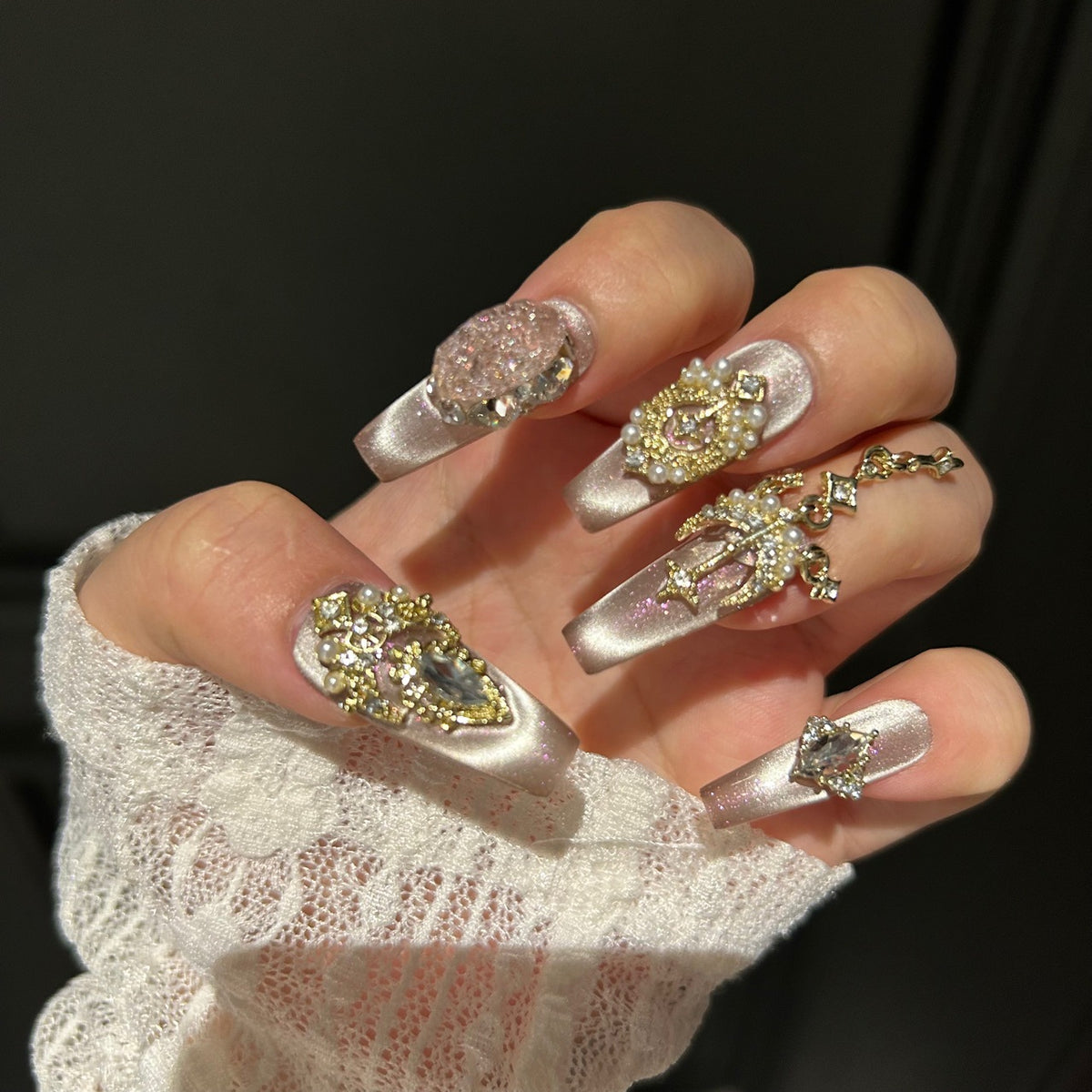 Handmade Nude Champagne Cat Eye Long Coffin Press On Nails with Gold Rhinestone Crown Charms & Pearls