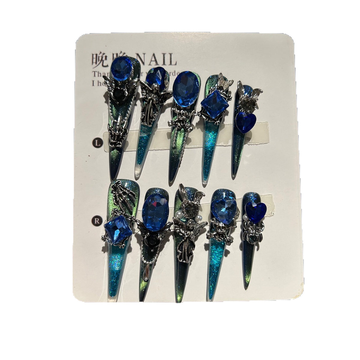 Handmade Chameleon Blue Gothic Skeleton Long Stiletto Press On Nails with Blue Gem Charms