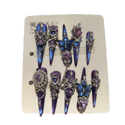Handmade Purple Blue Chrome Long Stiletto Press On Nails with Large Purple Heart Crystals, Blue Butterfly Charms, Pearls & Dangling Silver Chains