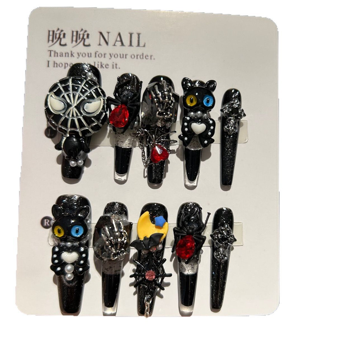 Handmade Black Glitter Long Coffin Press On Nails with 3D Black Cat, Spider, Bat, Skeleton Hand Charms, Red Crystals & Chain Tassels
