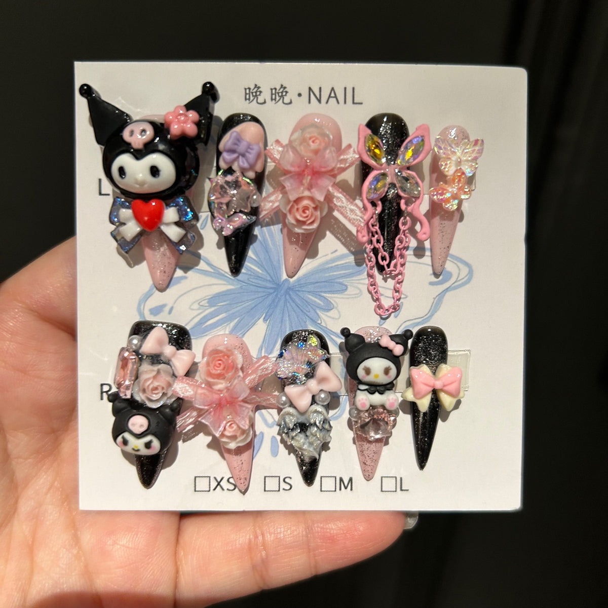 Black & Pink Stiletto Press-on Nails with 3D Kuromi, My Melody, Pink Roses, Iridescent Bow, and Chain Drop - Y2K Sanrio Kawaii Fake Nail Set