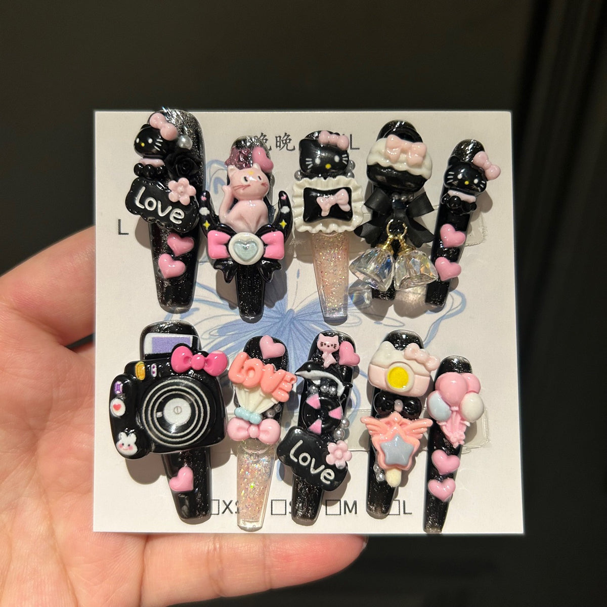 Handmade Black Kawaii Hello Kitty Long Stiletto Press On Nails with 3D Resin Charms