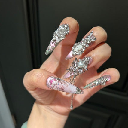 Handmade Pink Cat Eye Cameo Portrait Anime Print Long Stiletto Press On Nails with Silver Rhinestone & Pearl Charms