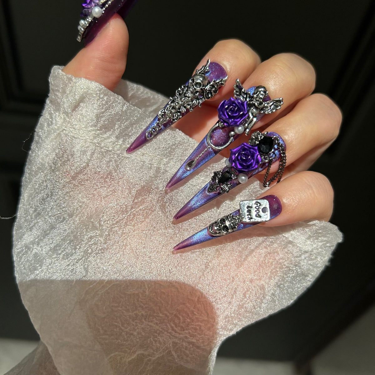 Handmade Purple Blue Cat Eye Long Stiletto Press On Nails with 3D Purple Roses, Silver Skull Charms, Black Crystals, Pearls & Dangling Chains