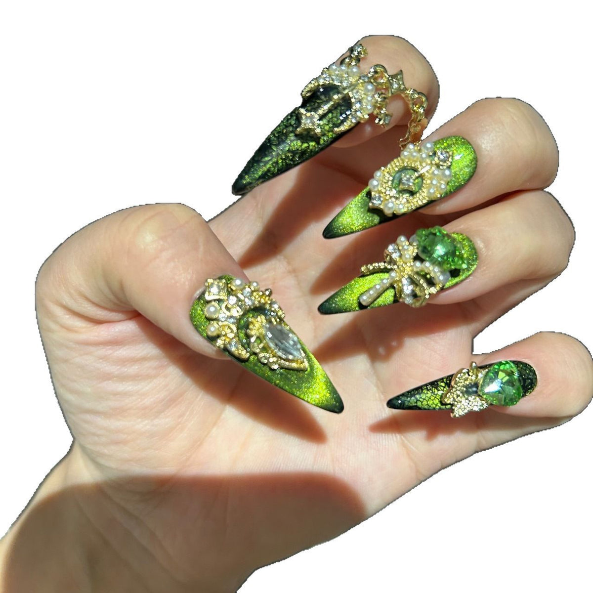 Handmade Emerald Green Cat Eye Long Stiletto Press On Nails with Giant Green Heart & Star Crystals, Gold Filigree & Pearl Ornaments
