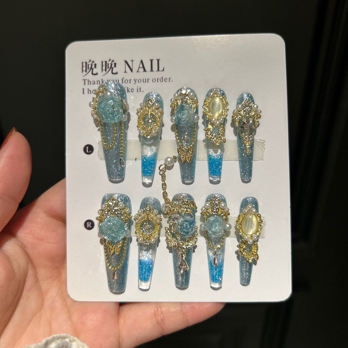 Handmade Sparkly Blue Rose Gold Long Coffin Press On Nails with Pearls & Dangling Chains