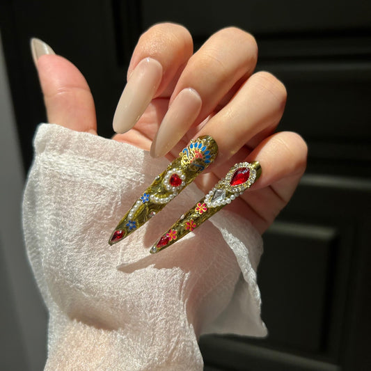 Handcrafted Designer Chinese Aesthetic Press-on Nails - Metallic Vintage Base with Heavy 3D Rhinestones, Rubies and Filigree Art