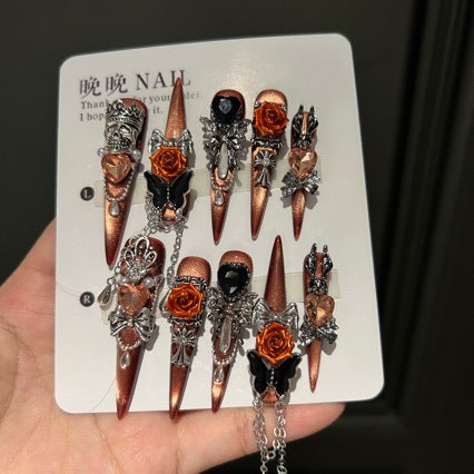 Handmade Vintage Orange Cat Eye Press On Nails | Luxury Heavy Industry 3D Rose, Crown & Chain Reusable Fake Nails, Goth Nail Art