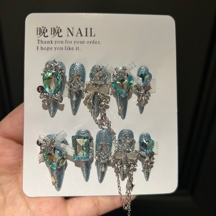 Ice Blue Cat Eye Stiletto Press-on Nails with 3D Blue Crystal Gem, Pearls, Bowknot, and Hanging Chain Charms - Luxury Statement Fake Nail Set