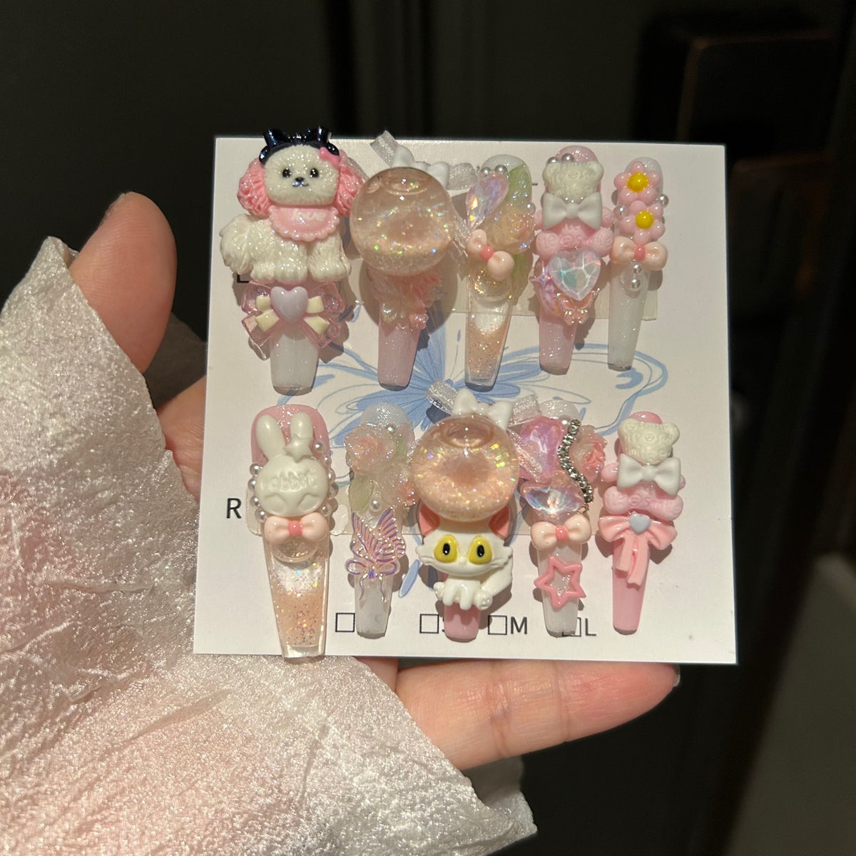 Handmade Kawaii Pink Glitter Long Coffin Press On Nails with 3D Puppy, Cat & Bunny Charms, Bubble Ball, Bow & Flower Decorations