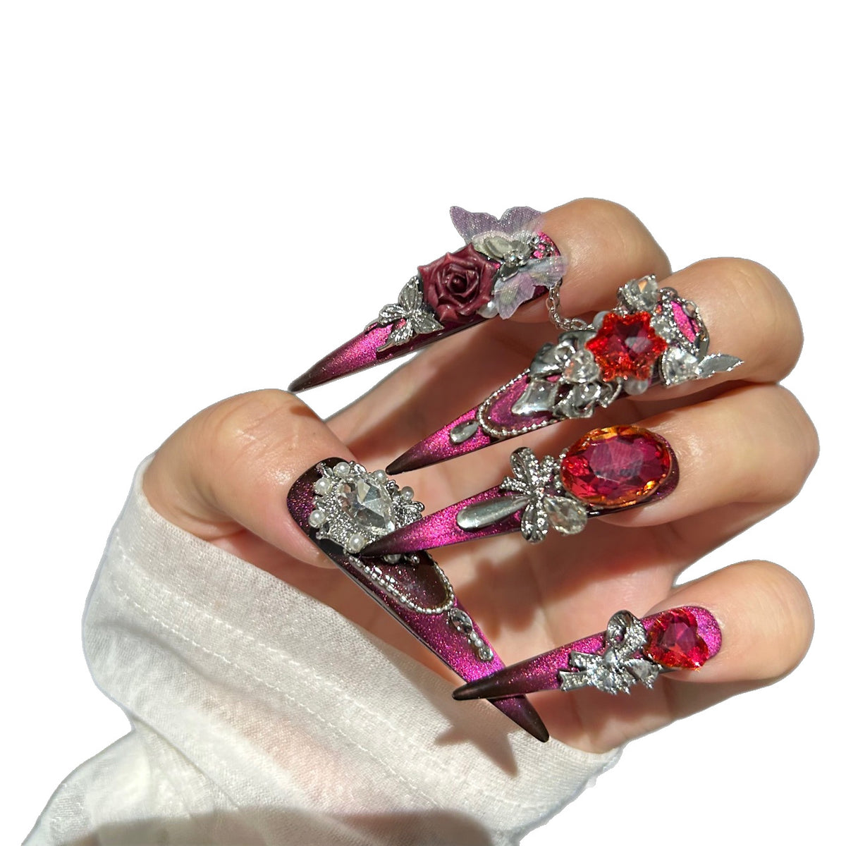 Burgundy Cat Eye Stiletto Press-on Nails with Oversized Ruby Crystals, 3D Dark Red Rose, Bow, and Interlinked Chain - Gothic Glam Fake Nail Set