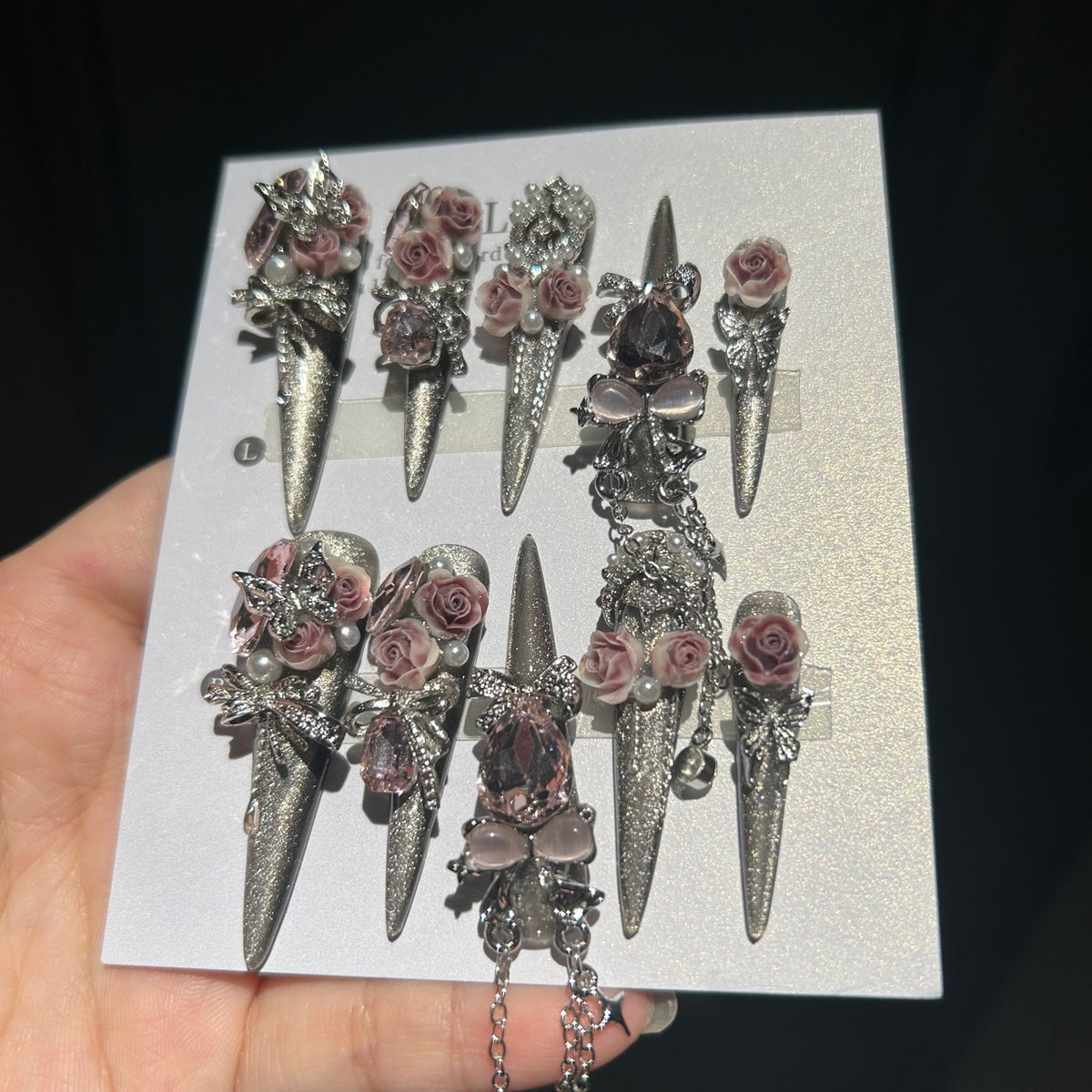 Handmade Silver Glitter Long Stiletto Press On Nails with Dusty Pink 3D Roses & Pink Teardrop Crystal Charms