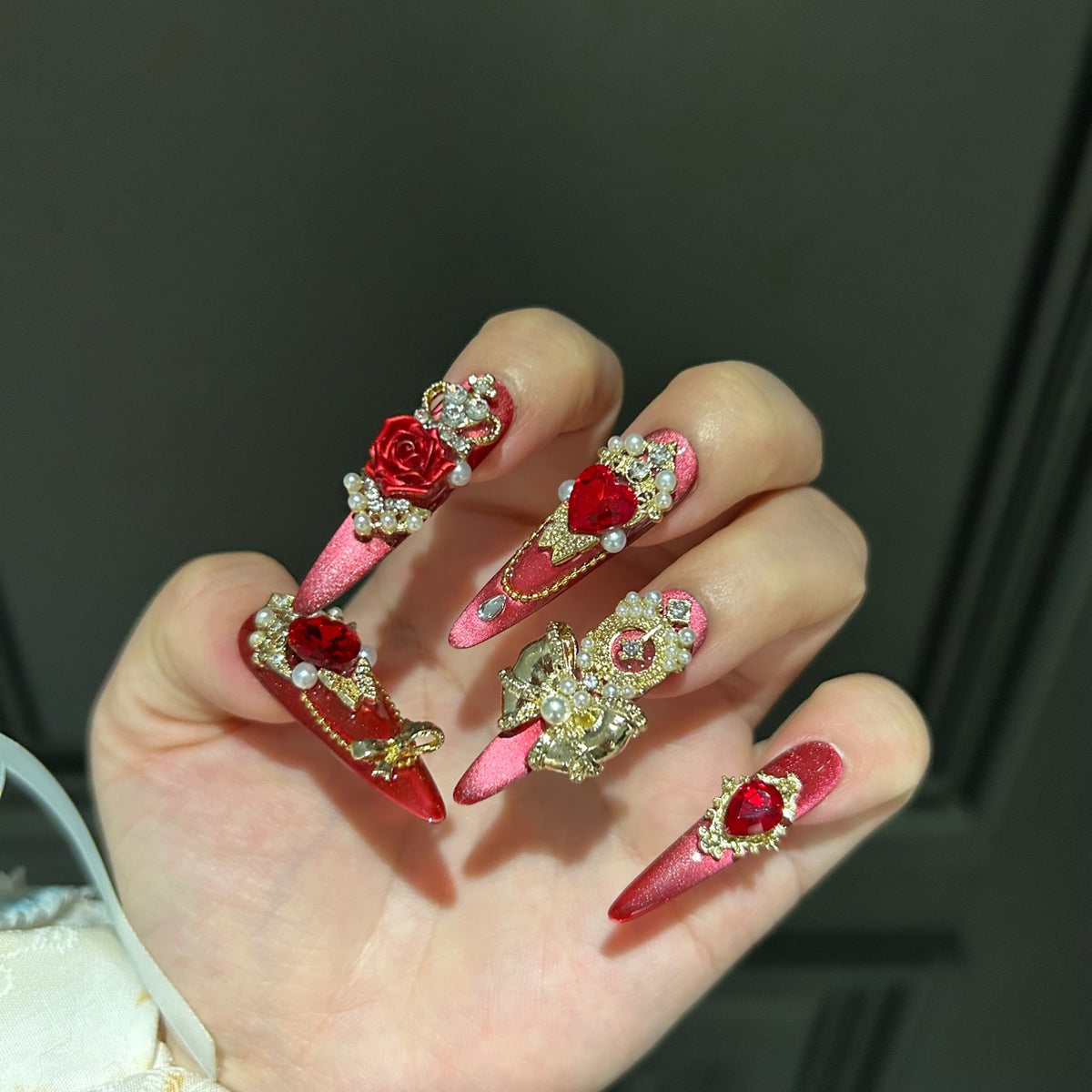 Handmade Red Metallic Long Stiletto Press On Nails with Red Heart Crystals, Gold Frame & 3D Red Rose Charms