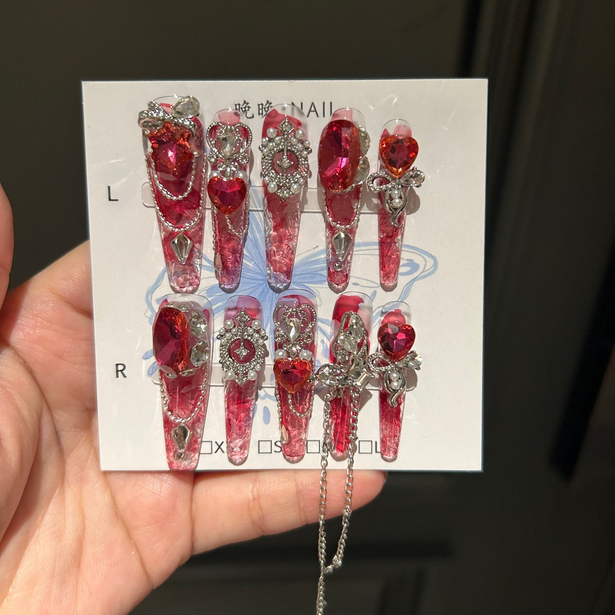 Handmade Red Crystal Long Stiletto Press On Nails, Red Heart Gem False Nails with Silver Ornaments, Pearls & Dangling Chains