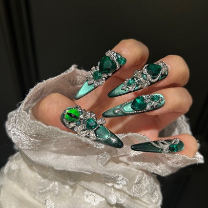 Handmade Emerald Green Cat Eye Long Stiletto Press On Nails with Evil Eye & Large Green Heart Crystal Charms