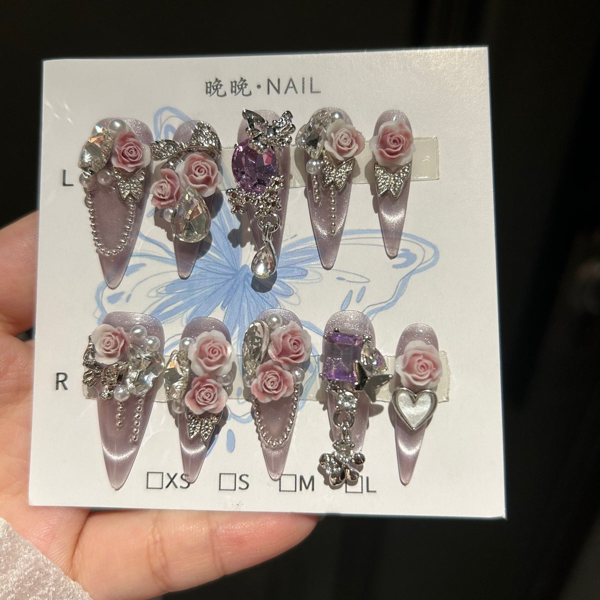 Dusty Pink & Purple Cat Eye Stiletto Press-on Nails with 3D Sculpted Rose, Crystal Gem, and Beaded Chain Charms - Luxury Glam Fake Nail Set