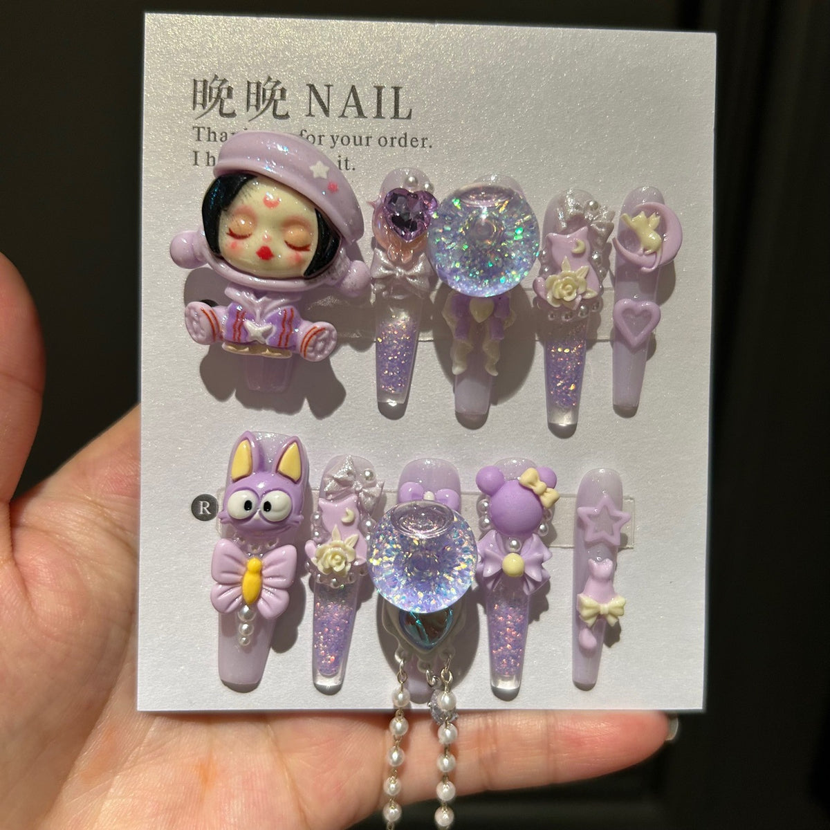 Handmade Light Purple Glitter Long Coffin Press On Nails with 3D Cartoon Doll, Rabbit, Shaker Bubble & Bow Charms