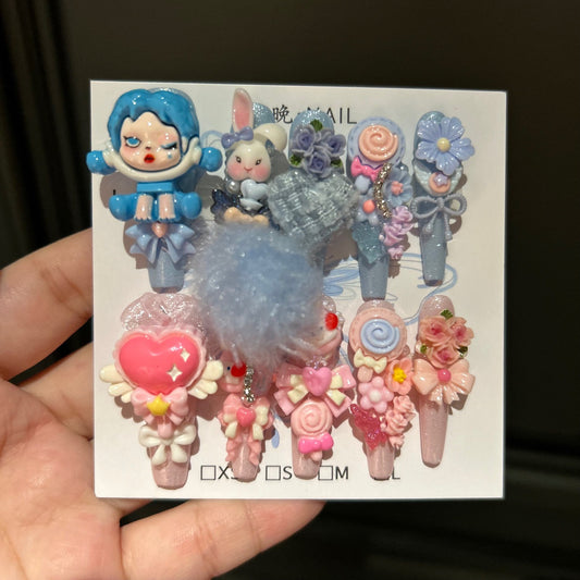 Y2K Blue and Pink Coffin Press-on Nails with 3D Anime Doll, Fluffy Pom-Pom, Lollipop, and Cute Cartoon Charms - Sweet & Cool Fake Nail Set