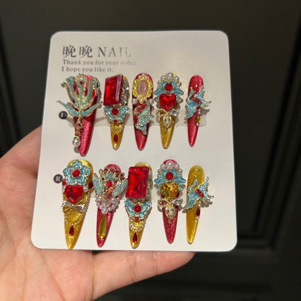 Handmade Chinese Style Red Gold Long Stiletto Press On Nails with Blue Phoenix Charms, Large Red Heart Crystals, Pearl Clusters & Gold Filigree