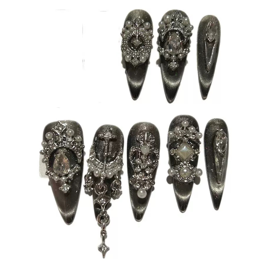 Handmade Black Silver Cat Eye Press On Nails, Long Stiletto Gothic False Nails with Cross Charms, Pearls, Large Rhinestones & Dangling Chain, Reusable Fake Nails for Party & Cosplay