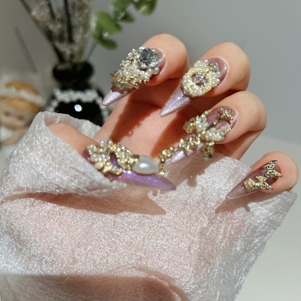 Mauve Purple Cat Eye Stiletto Press-on Nails with Luxury Gold Baroque Crown, Oversized Pearl, Cross, and Draping Chain - Vintage Royal Fake Nail Set