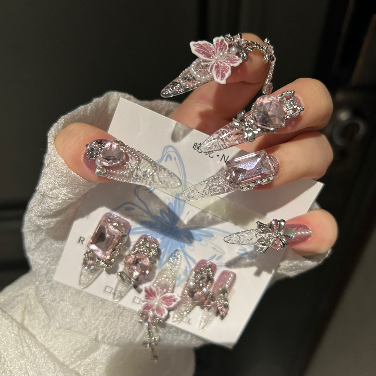 Handmade Clear Pink Lace Long Stiletto Press On Nails with Large Pink Crystals, Pink Butterfly Charms, Pearl Accents & Silver Rhinestone Chains