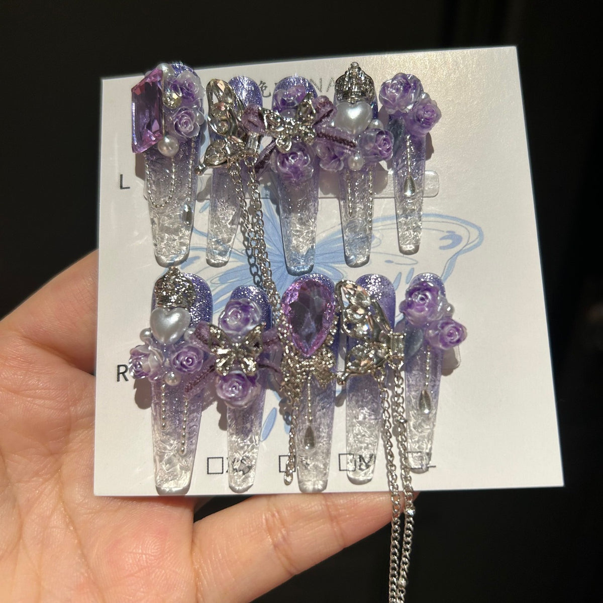 Handmade Purple Ombre Clear Long Stiletto Press On Nails, 3D Purple Rose Butterfly False Nails with Purple Gems & Dangling Silver Chains