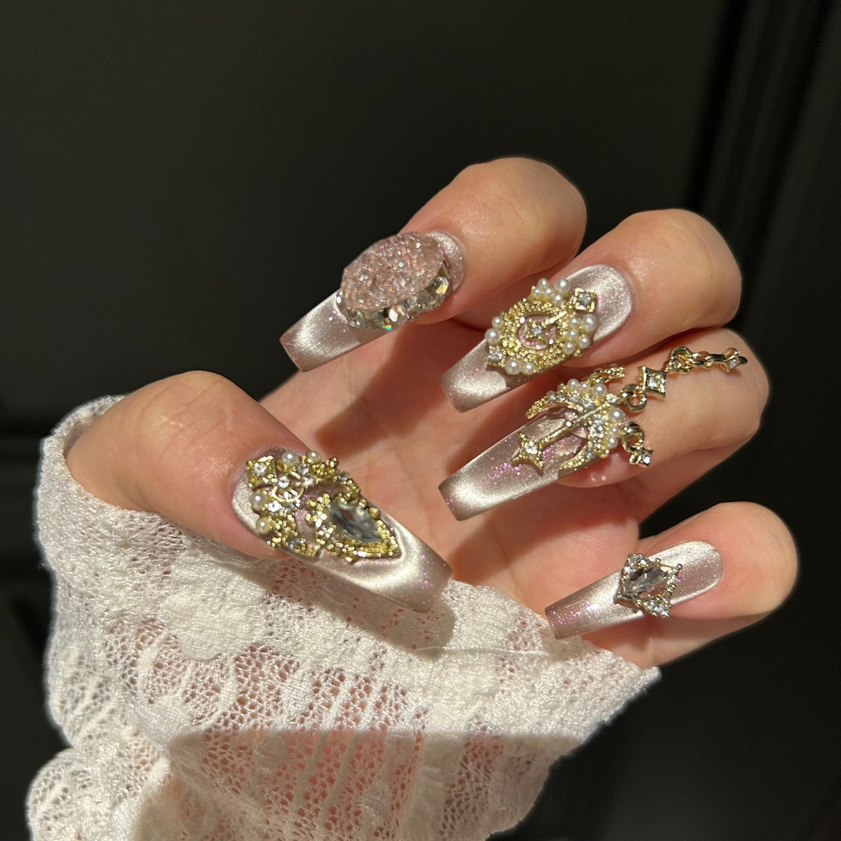 Handmade Nude Champagne Cat Eye Long Coffin Press On Nails with Gold Rhinestone Crown Charms & Pearls
